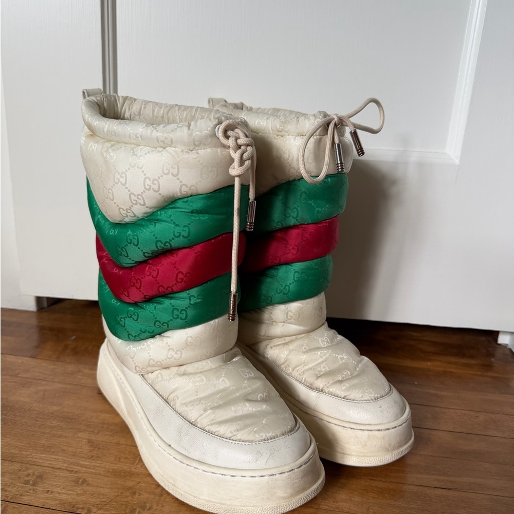Gucci Red & Green Chevron Padded Nylon Winter Boots